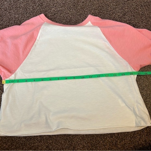 Aerie Women XS Pink White Raglan Baseball Tee Short Sleeve Cropped Raw Hem Shirt - Picture 4 of 5